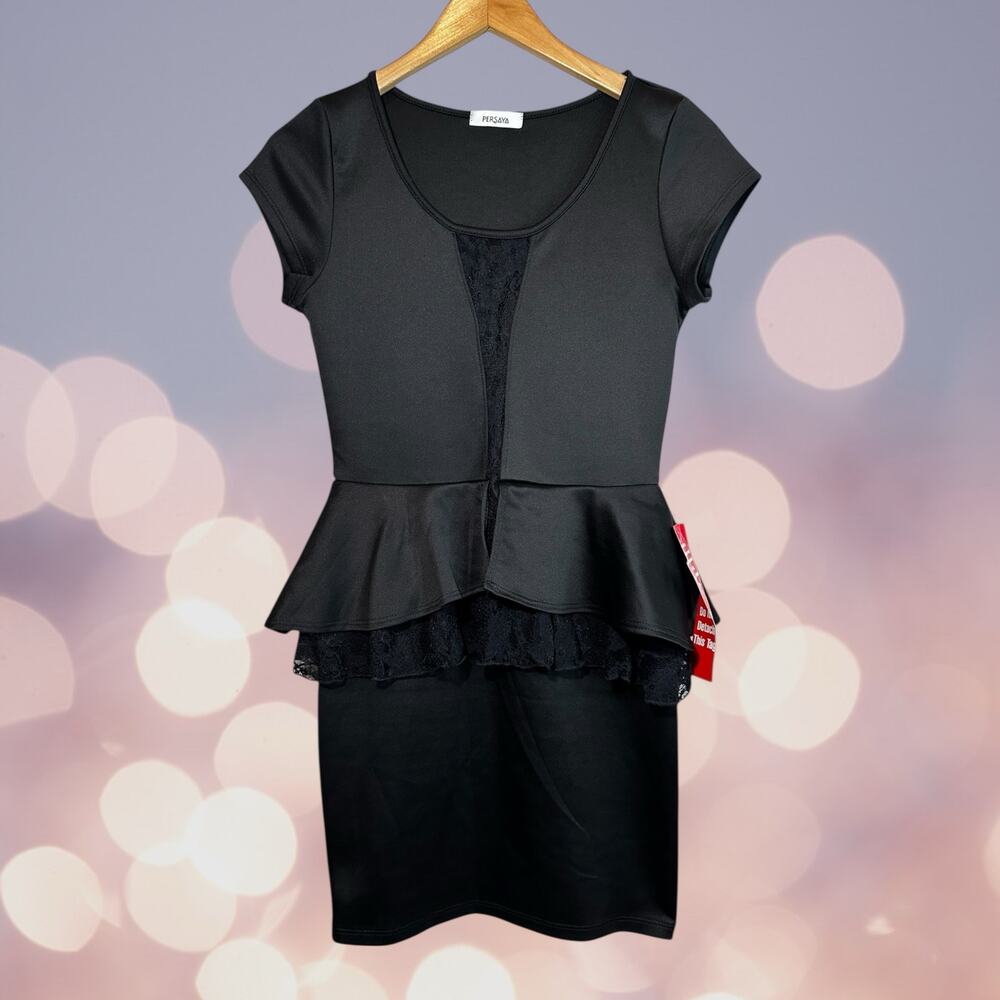 Persaya Short Sleeve Peplum Mini Dress with Lace Accents Black Emo Y2k Soft Goth
